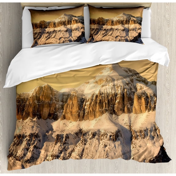 Ambesonne Winter Duvet Cover Set, Overcast Sky Mountain, 2-Calking, Sepia