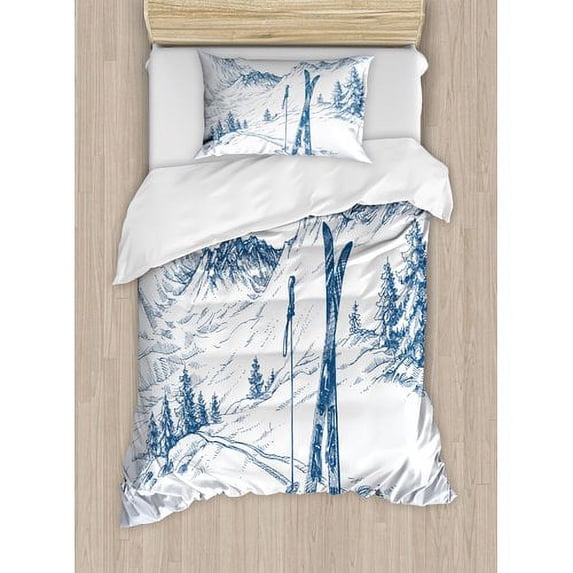 Winter Decorations Twin Size Duvet Cover Set, Sketchy Graphic of a Downhill with Ski Elements in Snow Relax Calm View, Decorative 2 Piece Bedding Set with 1 Pillow Sham, Blue White, by Ambesonne