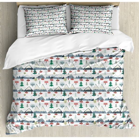 Ambesonne Winter Duvet Cover Set, Snow Capped Mountains Trees, King, Blue Grey Dark Pink