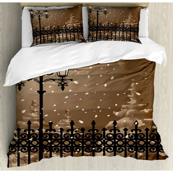 Ambesonne Winter Duvet Cover Set, Snowy Moon Evening, 2-Calking, Pale Brown Black