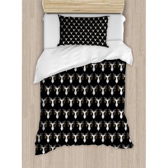 Ambesonne Winter Duvet Cover Set, Xmas Ornamental Deer Heads, Twin, Black Pale Grey Fawn