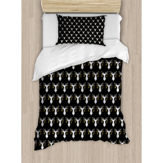 Ambesonne Winter Duvet Cover Set, Xmas Ornamental Deer Heads, Twin, Black Pale Grey Fawn