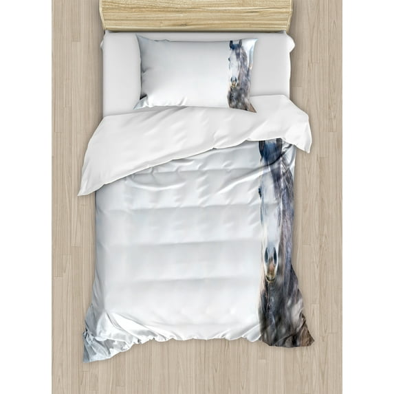 Ambesonne Winter Duvet Cover Sets, Grey Horse Snow Scenery, 2-Twin, White Brown