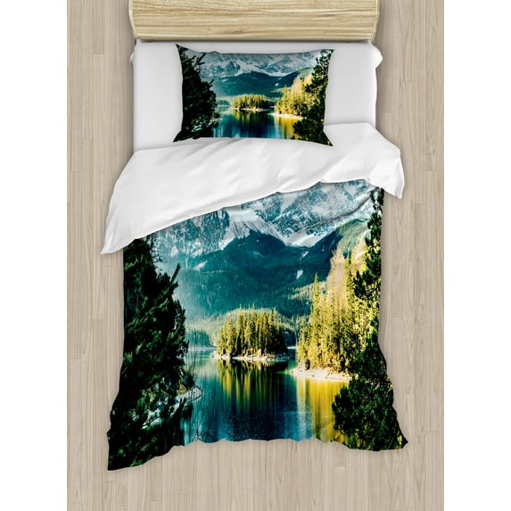 Ambesonne Winter Duvet Cover Sets, Mountain Frozen Lake, 2-Twin, Green White