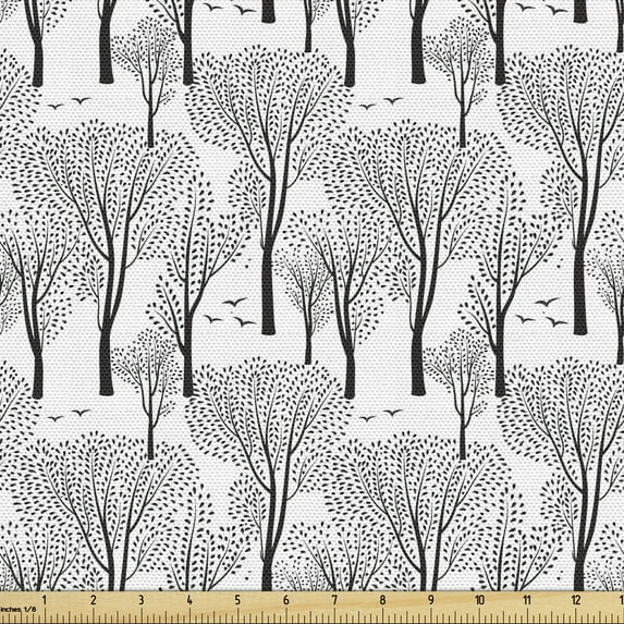 Ambesonne Winter Fabric by the Yard Upholstery, Abstract Forest Birds, 1 Yard, Black White