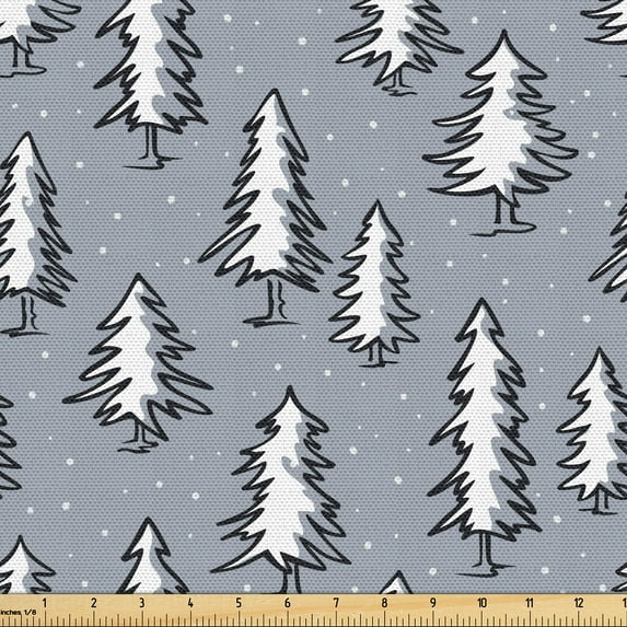 Ambesonne Winter Fabric by the Yard Upholstery, Holiday Theme Xmas Forest, 2 Yards, Blue Grey and White