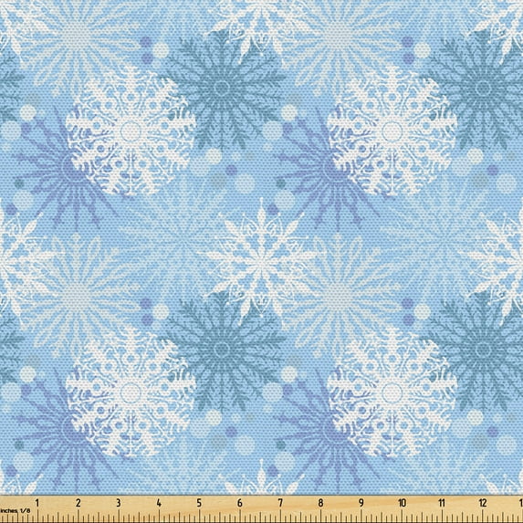 Ambesonne Winter Fabric by the Yard Upholstery, Overlapping Snowflakes Art, 2 Yards, Blue Grey White Teal