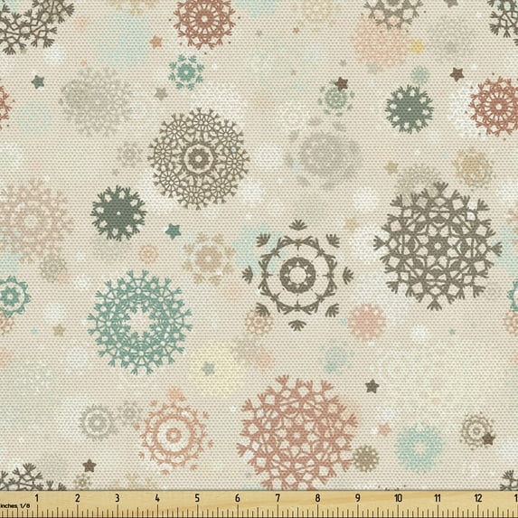 Ambesonne Winter Fabric by the Yard Upholstery, Retro Xmas Snowflakes, 2 Yards, Multicolor
