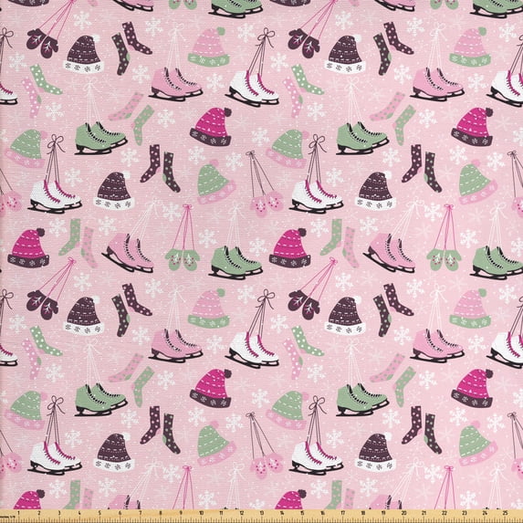 Ambesonne Winter Fabric by the Yard Upholstery, Socks Skates Hats Mittens, 10 Yards, Pale Reseda Green Rose