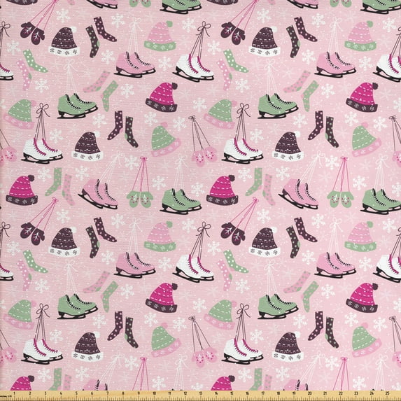 Ambesonne Winter Fabric by the Yard Upholstery, Socks Skates Hats Mittens, 2 Yards, Pale Reseda Green Rose
