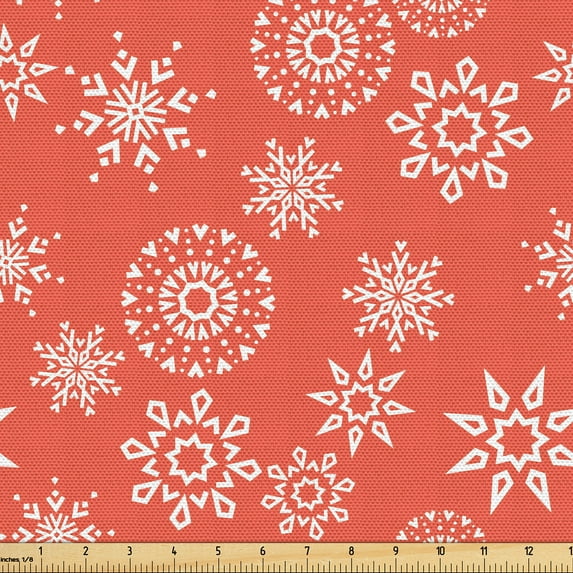 Ambesonne Winter Fabric by the Yard Upholstery, Various Xmas Snowflakes Art, 5 Yards, Dark Salmon and White
