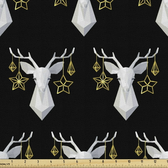 Ambesonne Winter Fabric by the Yard Upholstery, Xmas Ornamental Deer Heads, 1 Yard, Black Pale Grey Fawn