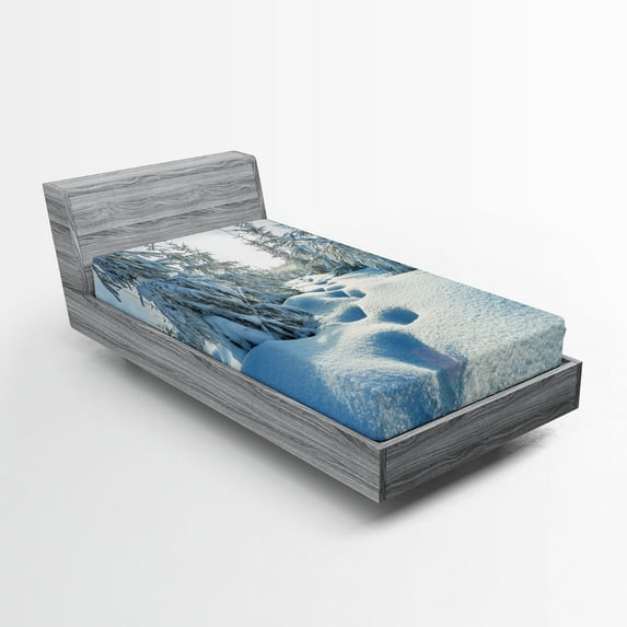 Ambesonne Winter Fitted Sheet 2 Pcs Set, Blue Sky Tree Footprints, Twin, Blue White