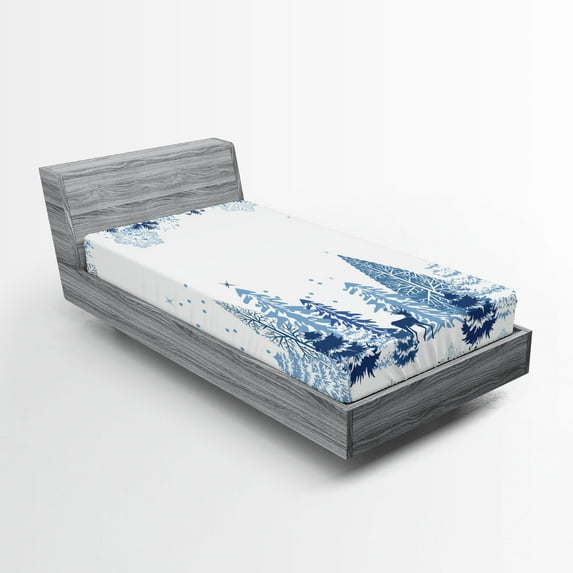 Ambesonne Winter Fitted Sheet 2 Pcs Set, Deer Pine Trees Xmas, Twin, Blue White