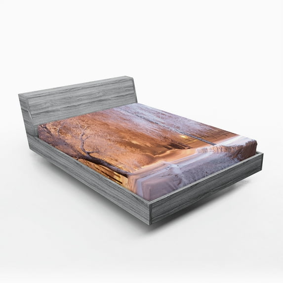 Ambesonne Winter Fitted Sheet 2 Pcs Set, Night Scene Frozen Trees, King, Salmon White