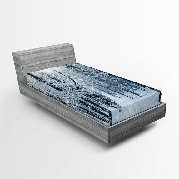 Ambesonne Winter Fitted Sheet 2 Pcs Set, Snow Covered Forest, Twin XL, Black White Slate Blue