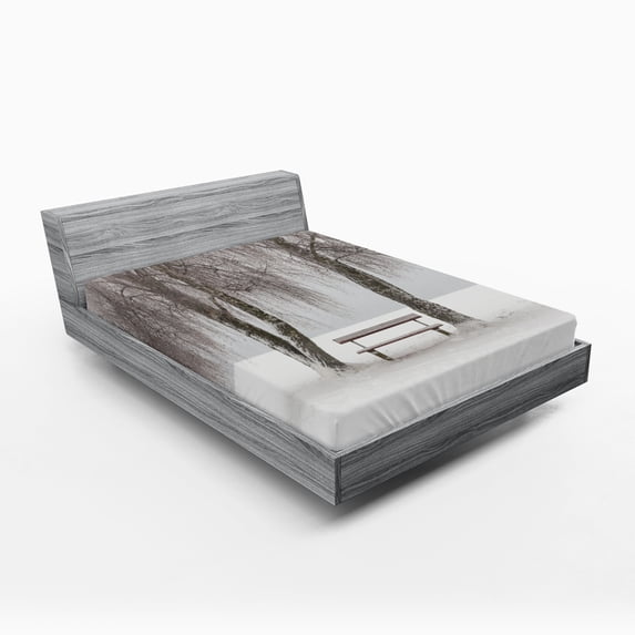 Ambesonne Winter Fitted Sheet, Bench Trees Snowflakes, Full Size, White Brown