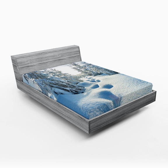 Ambesonne Winter Fitted Sheet, Blue Sky Tree Footprints, King Size, Blue White