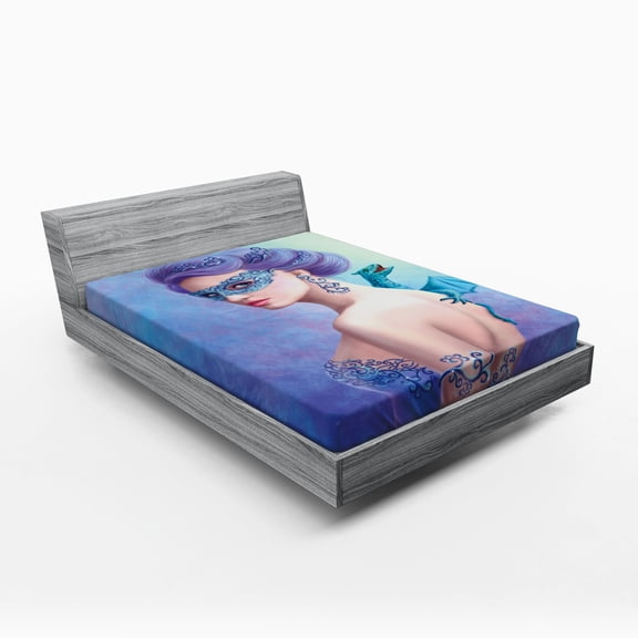 Ambesonne Winter Fitted Sheet, Fantasy Snow Queen, Queen Size, Violet Blue Pale Green