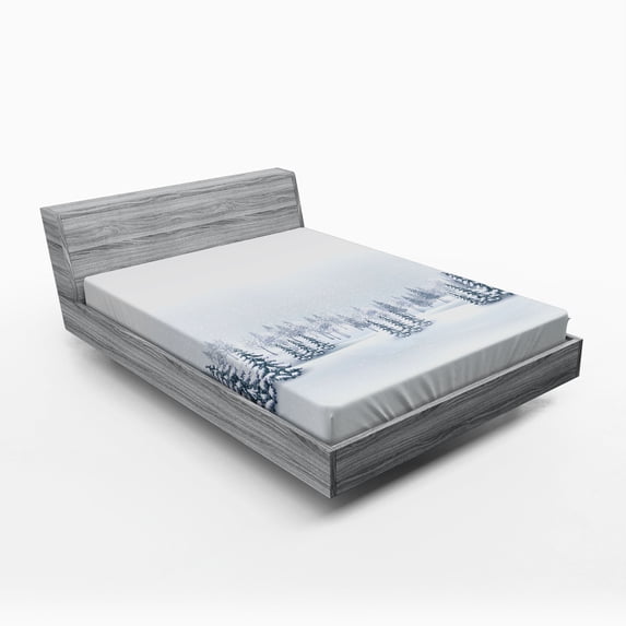 Ambesonne Winter Fitted Sheet, Foggy Weather Trees, Full Size, White
