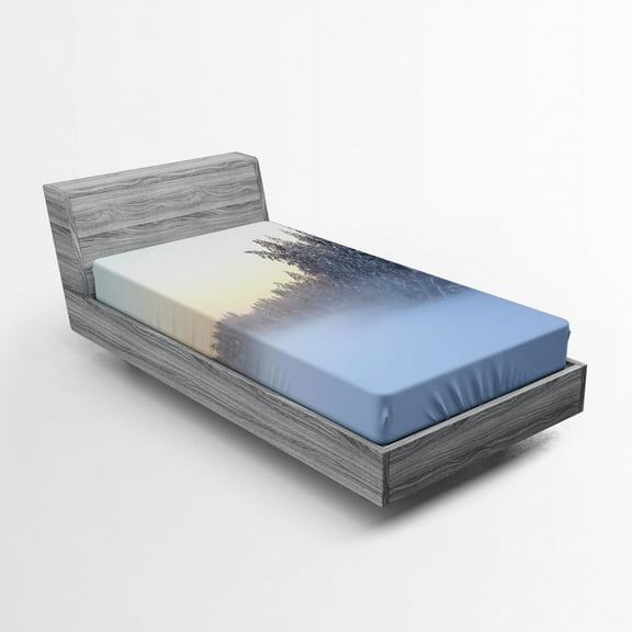 Ambesonne Winter Fitted Sheet, Frozen Lake in Woods, Twin XL Size, White Green