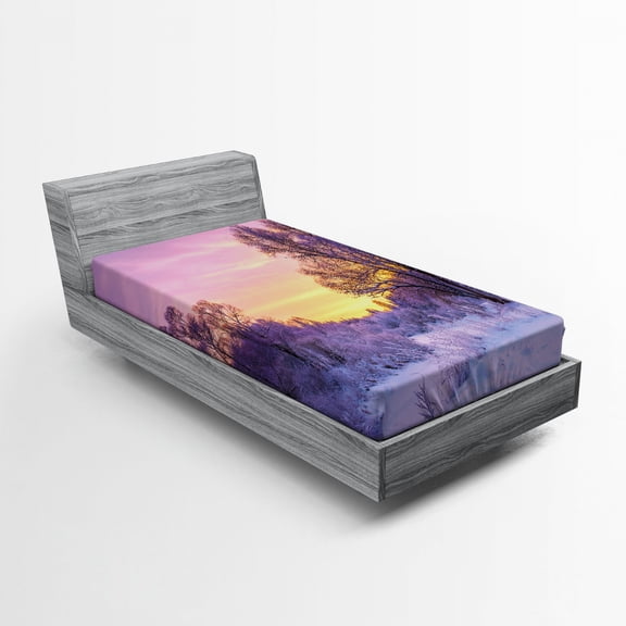 Ambesonne Winter Fitted Sheet, Landscape with Sunset, Twin Size, Pink White