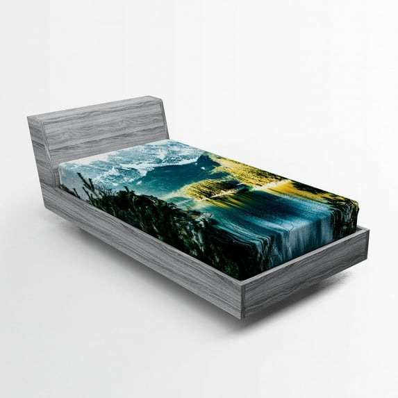 Ambesonne Winter Fitted Sheet, Mountain Frozen Lake, Twin Size, Green White