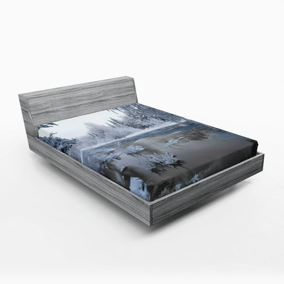 Ambesonne Winter Fitted Sheet, Nordic Snow Nature Icy, Full Size, White Dark Taupe