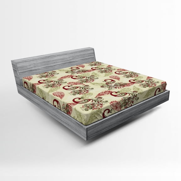 Ambesonne Winter Fitted Sheet, Peacocks and Snowflakes, Full Size, Ruby Olive Green Cream