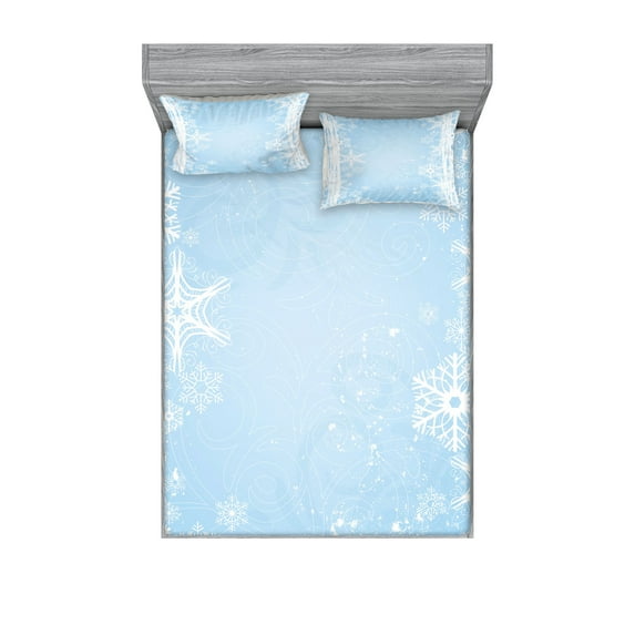 Ambesonne Winter Fitted Sheet & Pillow Sham Set, Christmas Snowflake Soft, Queen, Pale Blue White