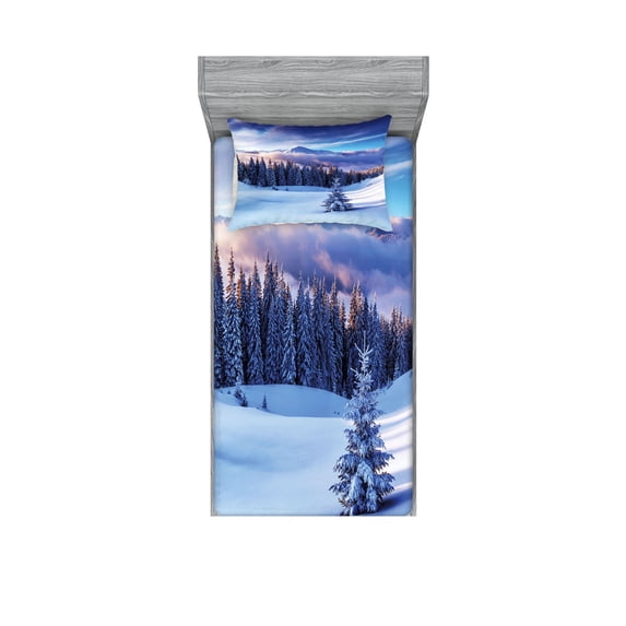 Ambesonne Winter Fitted Sheet & Pillow Sham Set, Mountain Peaks Snowy, Twin, Blue White