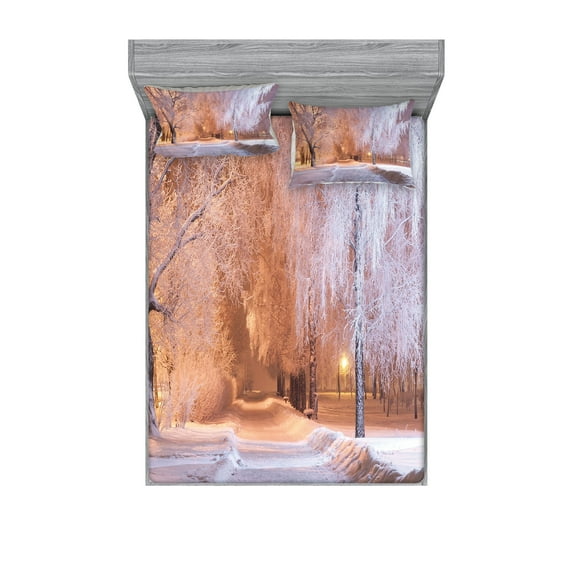 Ambesonne Winter Fitted Sheet & Pillow Sham Set, Night Scene Frozen Trees, Queen, Salmon White