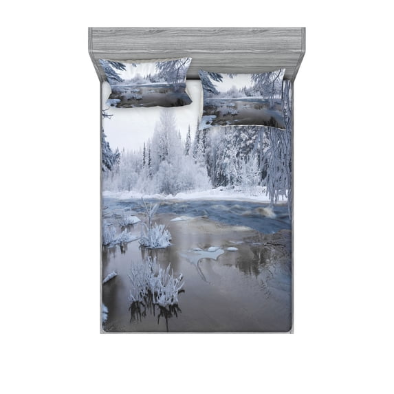 Ambesonne Winter Fitted Sheet & Pillow Sham Set, Nordic Snow Nature Icy, Queen, White Dark Taupe