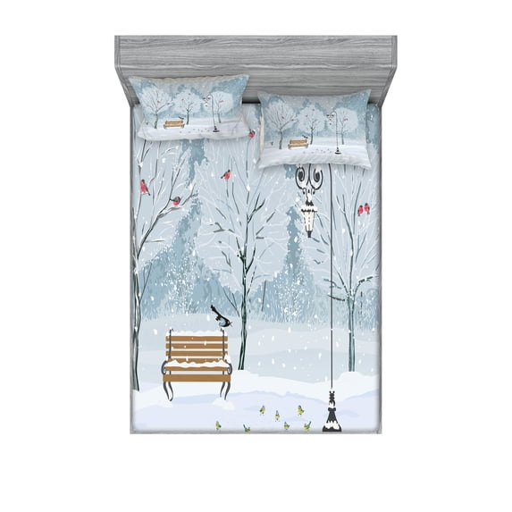 Ambesonne Winter Fitted Sheet & Pillow Sham Set, Snow in Park Xmas Trees, Full, White and Blue
