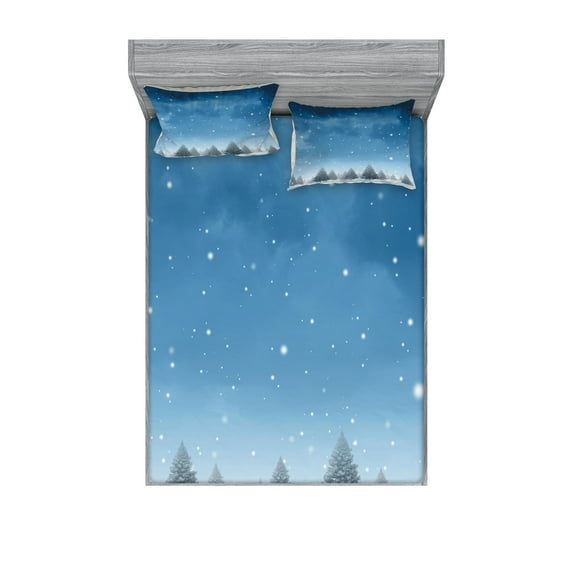 Ambesonne Winter Fitted Sheet & Pillow Sham Set, Xmas Blue Forest Trees, Queen, Blue White