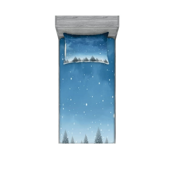 Ambesonne Winter Fitted Sheet & Pillow Sham Set, Xmas Blue Forest Trees, Twin, Blue White
