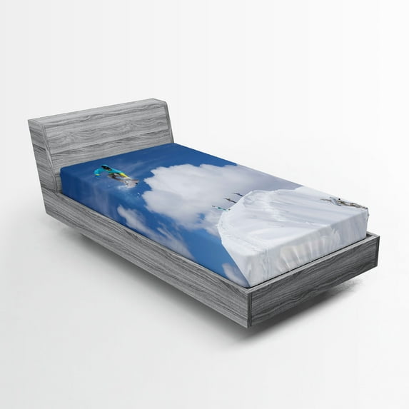 Ambesonne Winter Fitted Sheet, Snowboarder Mountaintop, Twin Size, Blue White
