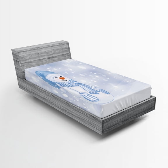 Ambesonne Winter Fitted Sheet, Snowman Cartoon, Twin Size, Pale Blue White