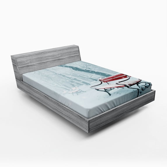 Ambesonne Winter Fitted Sheet, Snowy Bench Misty Path, Queen Size, White