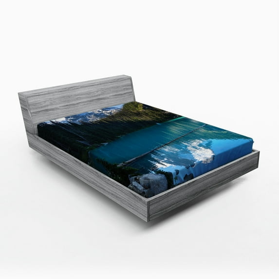 Ambesonne Winter Fitted Sheet, Snowy Frozen Mountain, Queen Size, Blue White Green