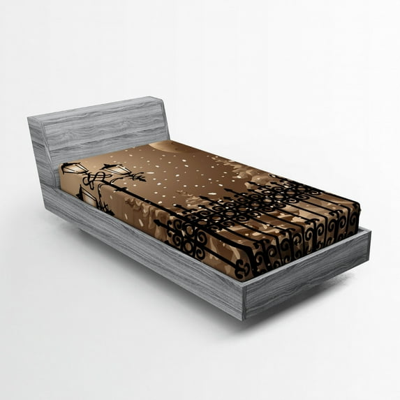 Ambesonne Winter Fitted Sheet, Snowy Moon Evening, Twin XL Size, Pale Brown Black