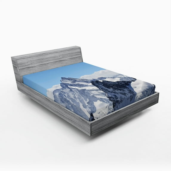 Ambesonne Winter Fitted Sheet, Snowy Mountain Peaks, Queen Size, Blue and White