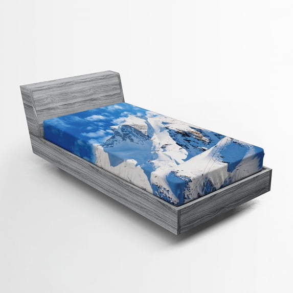 Ambesonne Winter Fitted Sheet, Snowy Mountain Ski, Twin XL Size, White Blue