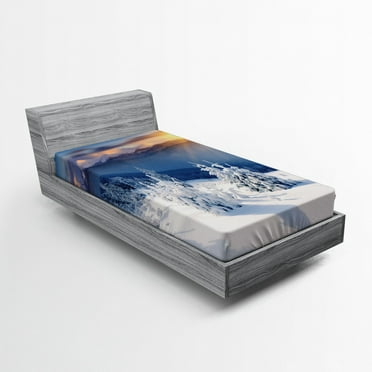 Ambesonne Winter Fitted Sheet, Tops Dramatic Sky Alpine, Twin Size, White Blue Apricot