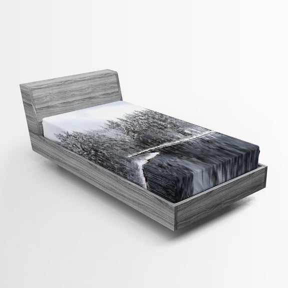 Ambesonne Winter Fitted Sheet, Trees in Cold Day Lake, Twin XL Size, White Brown