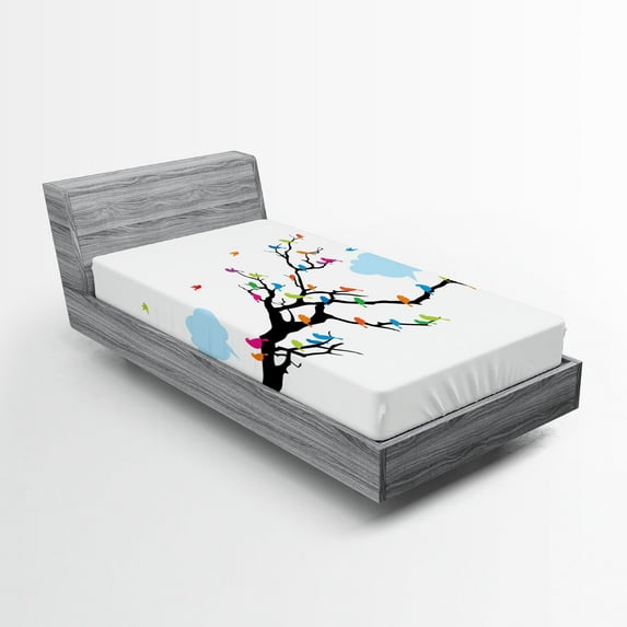Ambesonne Winter Fitted Sheet, Winged Birds on Tree, Twin Size, Multicolor