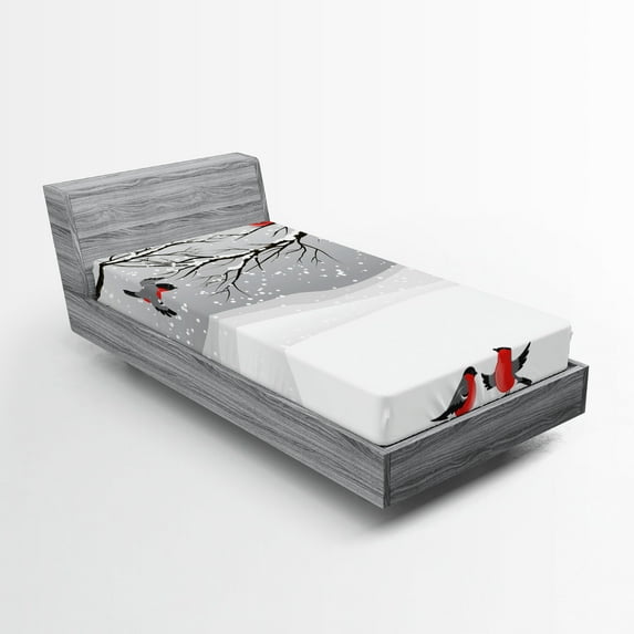 Ambesonne Winter Fitted Sheet, Wintertime Cartoon Birds, Twin XL Size, Vermilion Grey Black