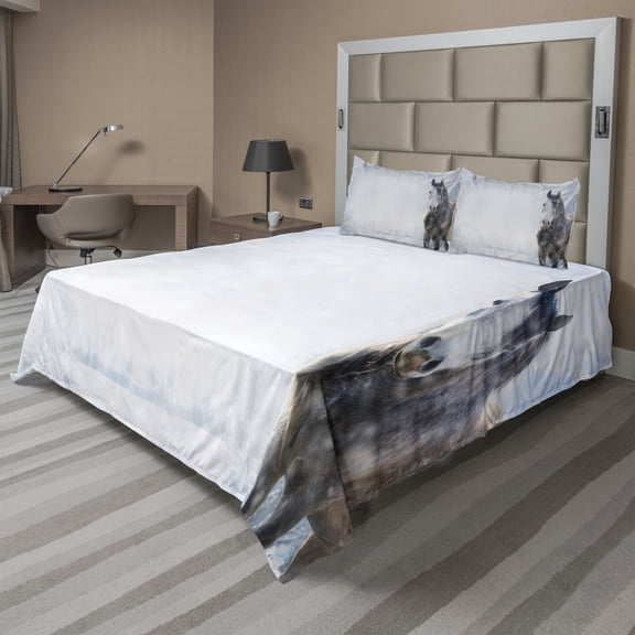 Ambesonne Winter Fitted & Top Sheet Set with Shams, Grey Horse Snow Scenery, White Brown