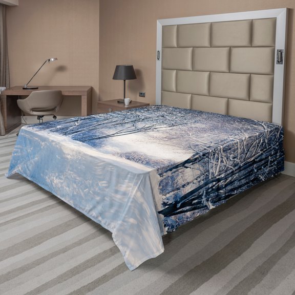 Ambesonne Winter Flat Sheet, Alley in Snowy Forest, Full Size, Blue Black White