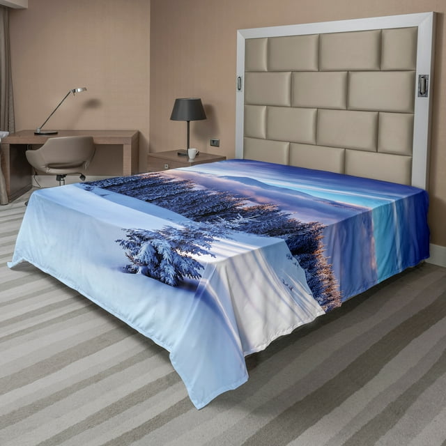 Ambesonne Winter Flat Sheet, Mountain Peaks Snowy, Queen Size, Blue White
